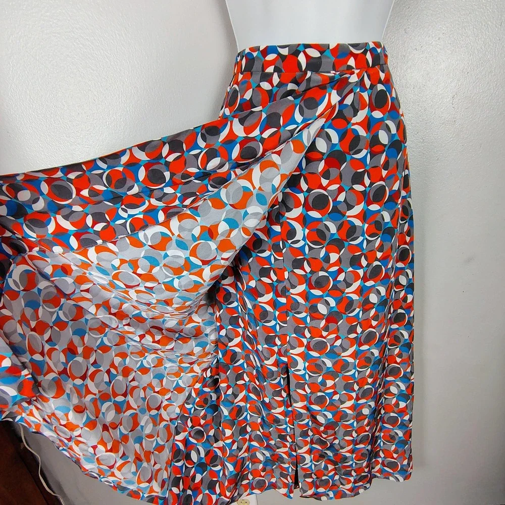 Silk Geometric Circle Print Maxi Skirt Red Blue Grey Size 10 Wrap Front Slit - Picture 6 of 13